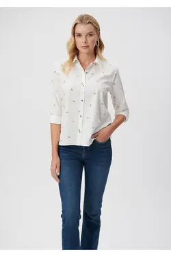 پیراهن سفید چاپ شده با تناسب معمولی / برش معمولی 1210610-85861 - یاری شاپ