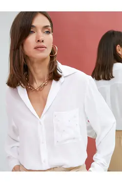پیراهن سنگی آستین بلند با دکمه های جیب مروارید براق - یاری شاپ