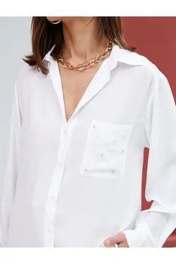 پیراهن سنگی آستین بلند با دکمه های جیب مروارید براق - یاری شاپ