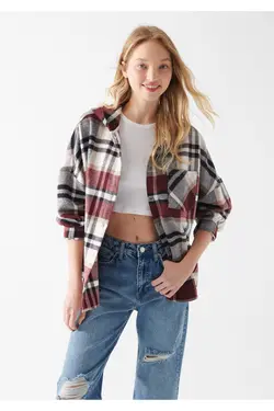 پیراهن شطرنجی قرمز کلاهدار Loose Fit / Loose Fit 122354-83151 - یاری شاپ