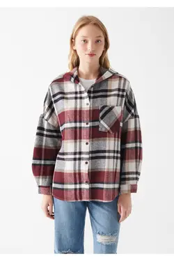 پیراهن شطرنجی قرمز کلاهدار Loose Fit / Loose Fit 122354-83151 - یاری شاپ