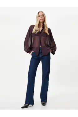 پیراهن شفاف ابریشمی با دکمه های آستین بادکنکی - یاری شاپ