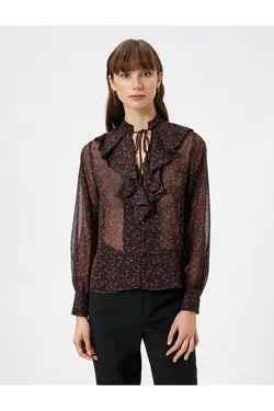 پیراهن شیفون گلدار یقه‌ای با آستین‌های بلند - یاری شاپ