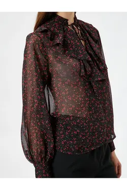 پیراهن شیفون گلدار یقه‌ای با آستین‌های بلند - یاری شاپ