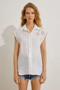 پیراهن قلاب‌بافی بدون آستین ریلکس با کتانی ترکیبی با جزئیات 3sak60101ew - یاری شاپ