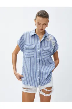 پیراهن کتان با جزئیات و جیب های قلاب بافی - یاری شاپ