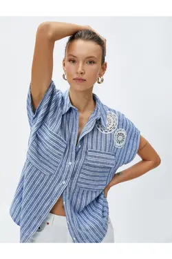 پیراهن کتان با جزئیات و جیب های قلاب بافی - یاری شاپ