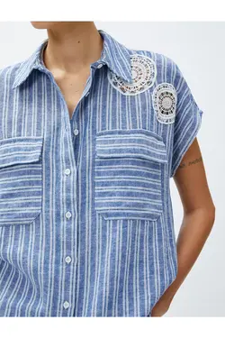 پیراهن کتان با جزئیات و جیب های قلاب بافی - یاری شاپ