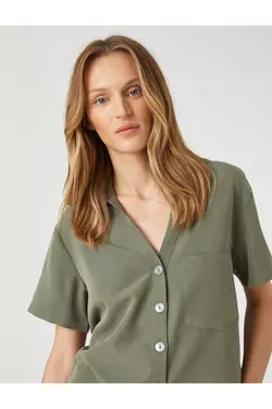 پیراهن کوتاه آستین کوتاه جیبی ترکیبی - یاری شاپ