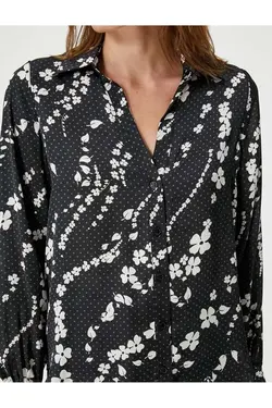 پیراهن گلدار آستین بلند دکمه دار یقه کاف کلاسیک 4wak60179uw با طرح مشکی - یاری شاپ