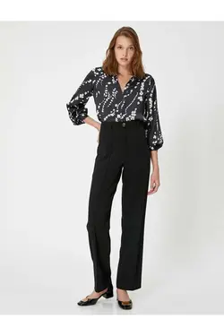 پیراهن گلدار آستین بلند دکمه دار یقه کاف کلاسیک 4wak60179uw با طرح مشکی - یاری شاپ