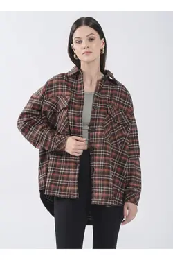 پیراهن یقه شطرنجی قهوه ای ملانژ پیراهن زنانه 3wal60012ıw - یاری شاپ