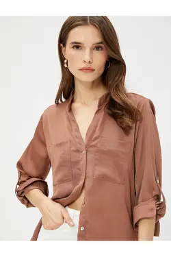 پیراهن یقه شیک با جیب و آستین تاشو - یاری شاپ