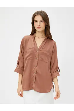 پیراهن یقه شیک با جیب و آستین تاشو - یاری شاپ