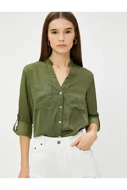 پیراهن یقه شیک با جیب و آستین تاشو - یاری شاپ