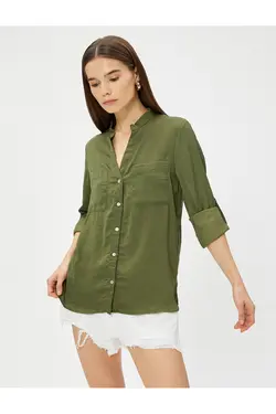 پیراهن یقه شیک با جیب و آستین تاشو - یاری شاپ