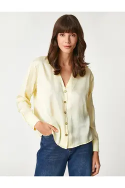 پیراهن یقه وی با دکمه های براق آستین بلند - یاری شاپ