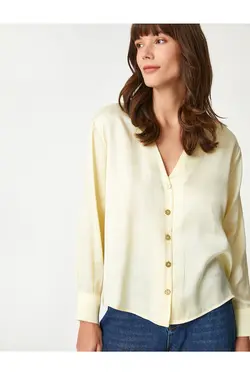 پیراهن یقه وی با دکمه های براق آستین بلند - یاری شاپ