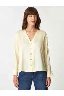 پیراهن یقه وی با دکمه های براق آستین بلند - یاری شاپ