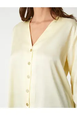 پیراهن یقه وی با دکمه های براق آستین بلند - یاری شاپ