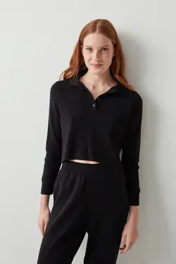 تاپ پیژامه تی شرت یقه بافتنی مشکی - یاری شاپ