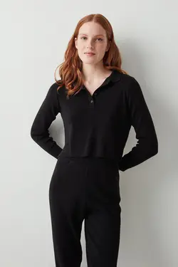 تاپ پیژامه تی شرت یقه بافتنی مشکی - یاری شاپ