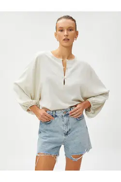 ترکیب کتانی آستین بادکنکی بلوز ریلکس - یاری شاپ