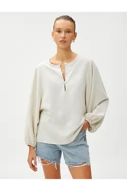 ترکیب کتانی آستین بادکنکی بلوز ریلکس - یاری شاپ