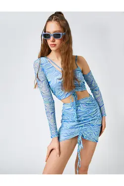 تی شرت برش پنجره آستین بلند طرح هندسی با جزئیات جمع آوری شده جلو - یاری شاپ