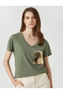 تی شرت یقه کوتاه آستین کوتاه پولک دوزی شده - یاری شاپ