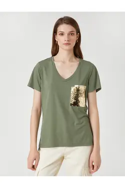 تی شرت یقه کوتاه آستین کوتاه پولک دوزی شده - یاری شاپ