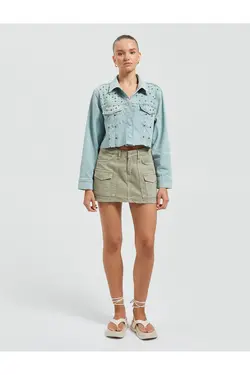 جیب های دوتایی کت جین منگنه پنبه ای با جزئیات - یاری شاپ