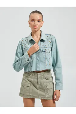 جیب های دوتایی کت جین منگنه پنبه ای با جزئیات - یاری شاپ