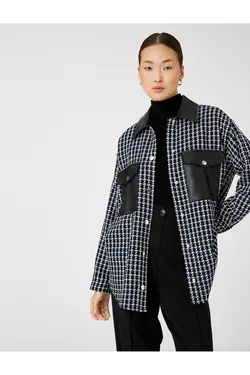 چرم مصنوعی با جزئیات بست جیب کت پیراهن تویید - یاری شاپ