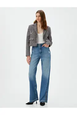 ژاکت Tweed Crop با دکمه های جیب و جزئیات زنجیر - یاری شاپ