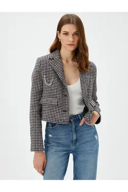 ژاکت Tweed Crop با دکمه های جیب و جزئیات زنجیر - یاری شاپ