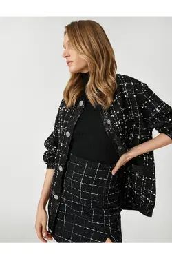 ژاکت بمب افکن توید با جزئیات پولک و یقه گرد دکمه های سنگی - یاری شاپ