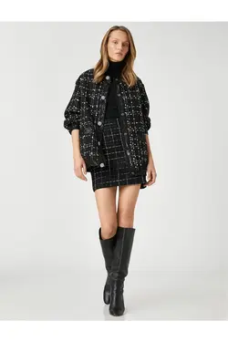 ژاکت بمب افکن توید با جزئیات پولک و یقه گرد دکمه های سنگی - یاری شاپ