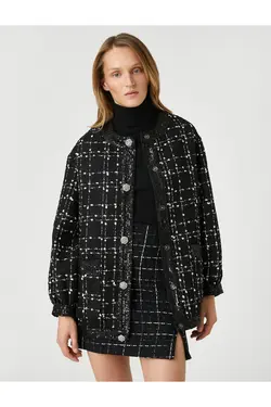 ژاکت بمب افکن توید با جزئیات پولک و یقه گرد دکمه های سنگی - یاری شاپ