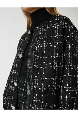 ژاکت بمب افکن توید با جزئیات پولک و یقه گرد دکمه های سنگی - یاری شاپ