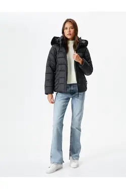 ژاکت پفی کوتاه با کمربند و کلاه قابل جابجایی - یاری شاپ