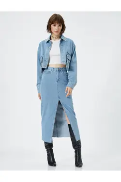 ژاکت جین کوتاه با جیب نامتقارن و با جزئیات نخی - یاری شاپ