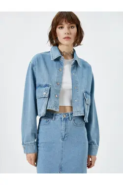 ژاکت جین کوتاه با جیب نامتقارن و با جزئیات نخی - یاری شاپ