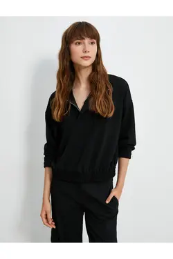 سویشرت نیم زیپ با دکمه های آستین بلند آجدار - یاری شاپ