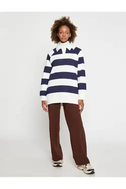 سویشرت یقه پولو آستین بلند راه راه بزرگ با داخل پشمی - یاری شاپ