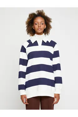 سویشرت یقه پولو آستین بلند راه راه بزرگ با داخل پشمی - یاری شاپ