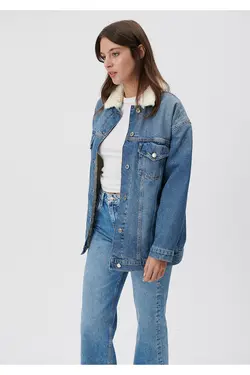 کاپشن جین با جزئیات خز مصنوعی شنی 110908-80666 - یاری شاپ