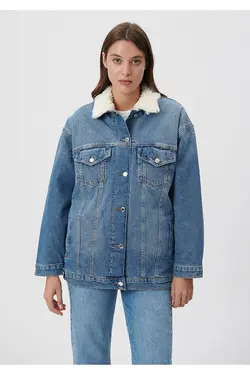 کاپشن جین با جزئیات خز مصنوعی شنی 110908-80666 - یاری شاپ