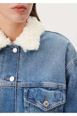 کاپشن جین با جزئیات خز مصنوعی شنی 110908-80666 - یاری شاپ