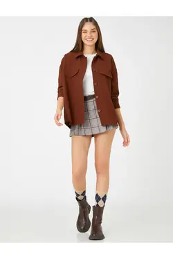 کت پیراهن بزرگ دو جیب آستین بلند با جزئیات - یاری شاپ